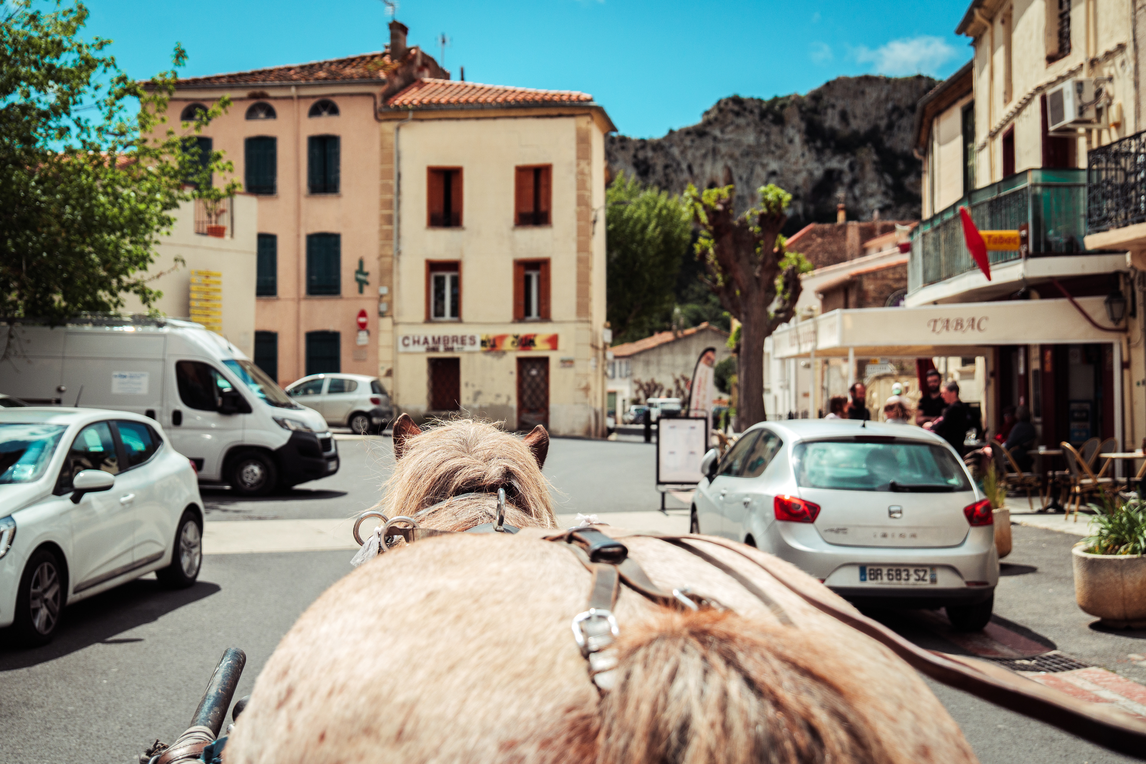 Après sa journée de travail, Maud, maréchal-ferrant, part en balade en calèche avec son cheval de trait breton Rim dans le village de Tautavel, dans le département des Pyrénées-Orientales