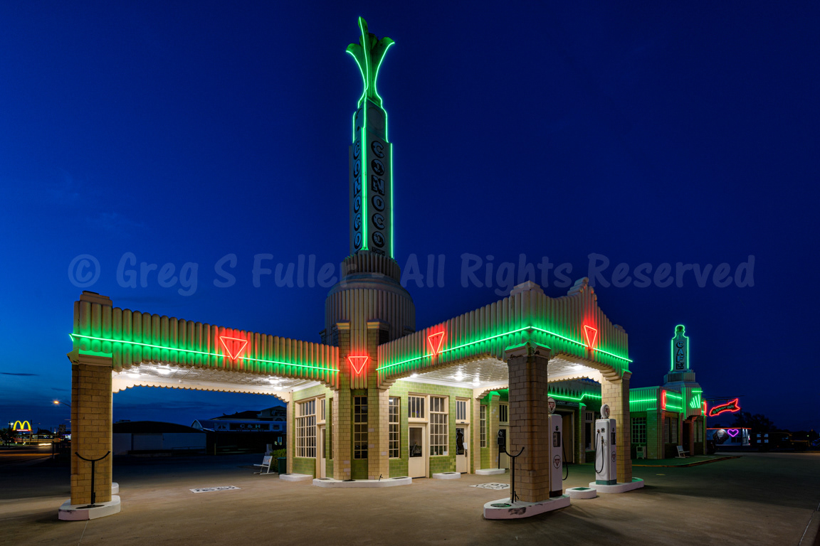 Neon at Night - Vintage Conoco Tower Building and U-Drop Inn - Gas Station & Cafe - Shamrock Texas