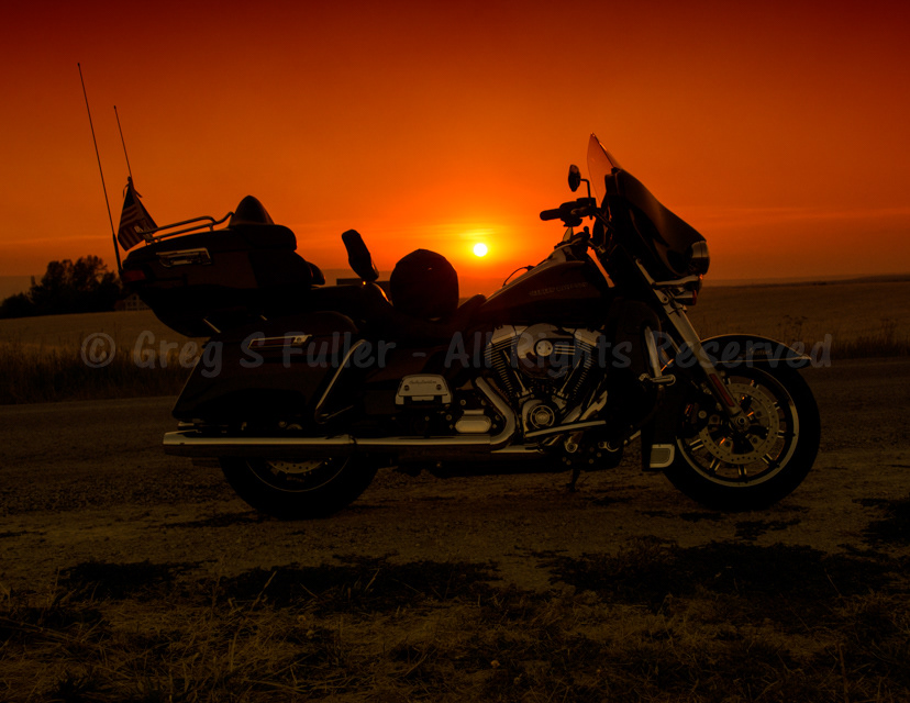 End of the Ride Sunset - Red & Orange Sunset over Smokey Skies - Harley Davidson Touring -  Driggs, Idaho