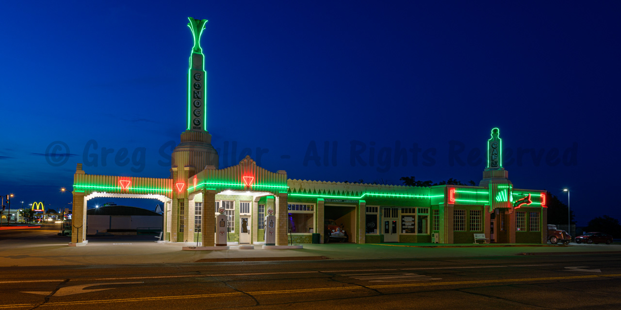 Neon at Night - Vintage Conoco Tower Building and U-Drop Inn - Gas Station & Cafe - Shamrock Texas