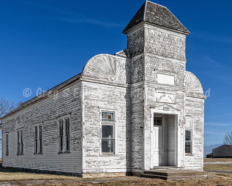 Marion Hall 1896 - A hall of many uses, Presbyterian Services, Catholic Mass, school classes and a gymnasium for local games providing tight quaters for the players as well as the spectators - Baileyville, Kansas