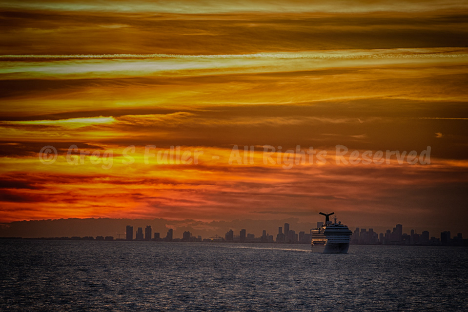 Red & Gold Sunset over Miami the Coastline - Carnival Glory Cruise Ship - Miami, Florida
