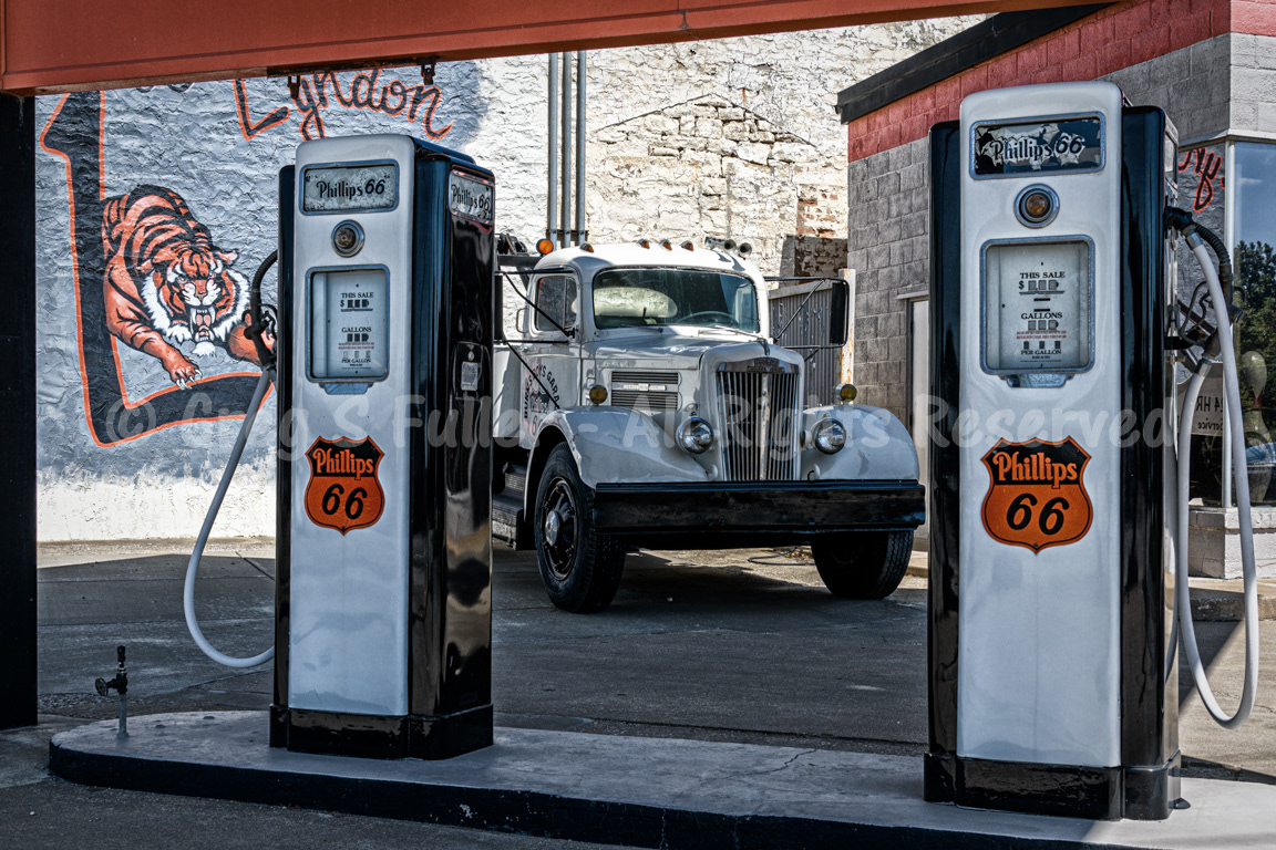 Burn's Boys Garage Vintage Phillips 66 Gas Station & White Super Power Tow Truck- Lyndon, Kansas