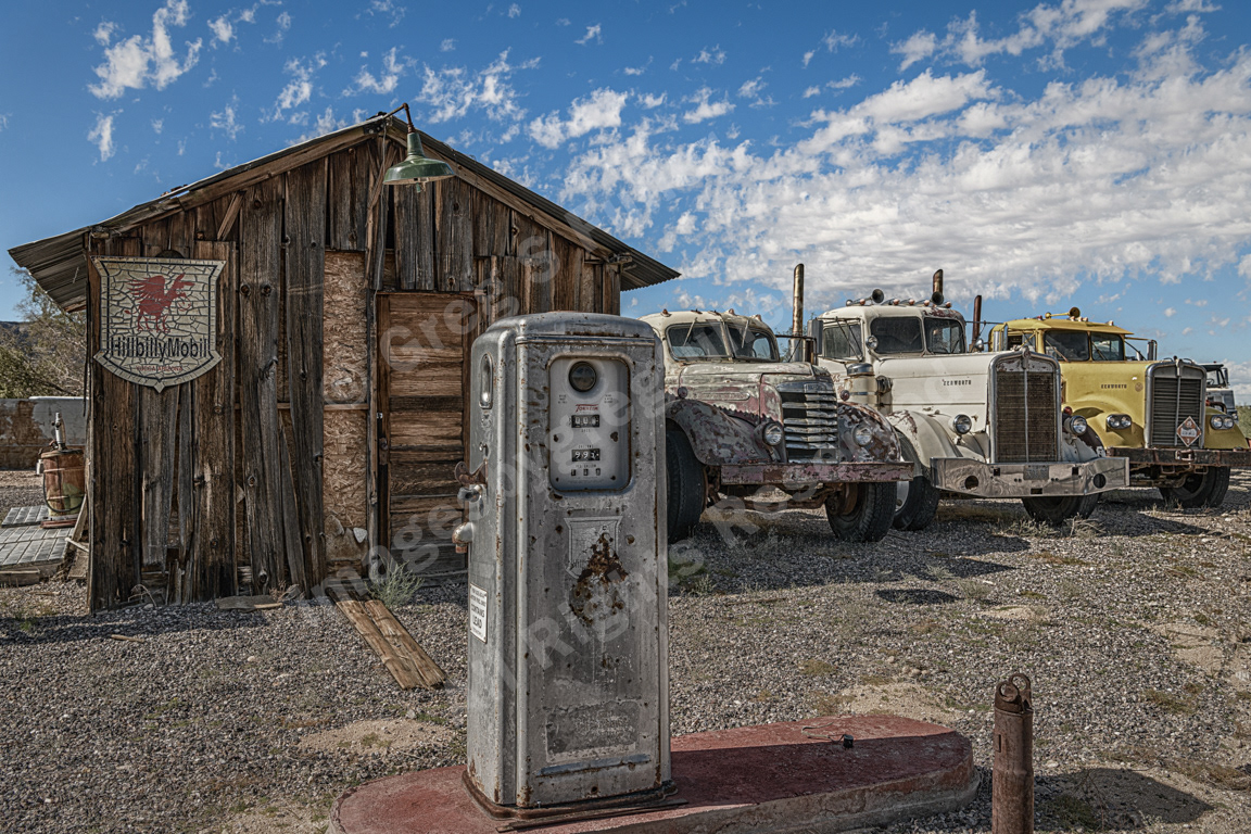 Vintage Semi Truck Tractors & Fuel Pump at Hillbilly Mobil - Along Route 66 - Yucca, Arizona