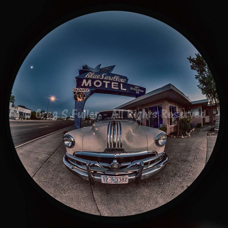 Fisheye Blue Swallow Motel - Vintage 1951 Pontiac Chieftan Coupe - Tucumcari, New Mexico
