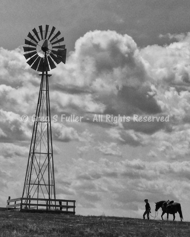 Time for a Drink - Horse & Rider Headng for the Windmill Driven Water Trough - Pawnee Buttes, Colorado