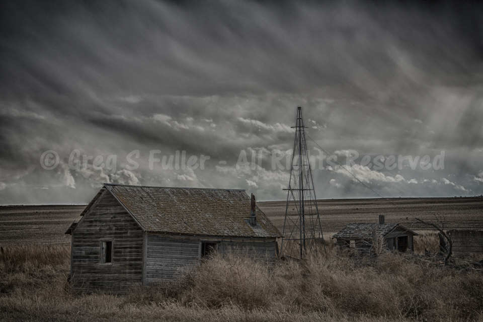 Old Tired Farmhouse & Busted Windmill - Hoyt, Colorado