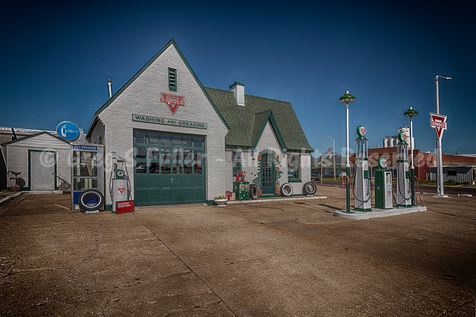 Restored 1930s Vintage Conoco Gas Station - Gravity Feed Gas Pumps - Norton Kansas