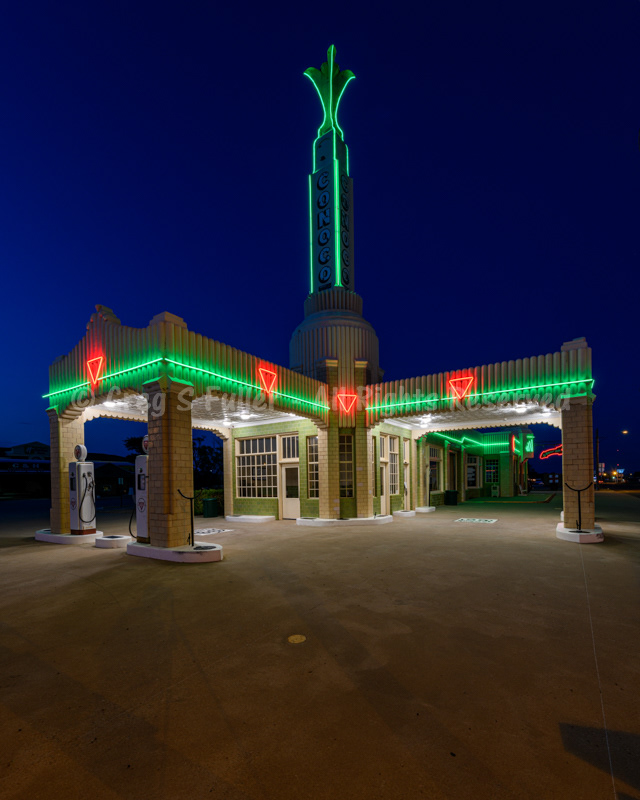 Neon at Night - Vintage Conoco Tower Building and U-Drop Inn - Gas Station & Cafe - Shamrock Texas