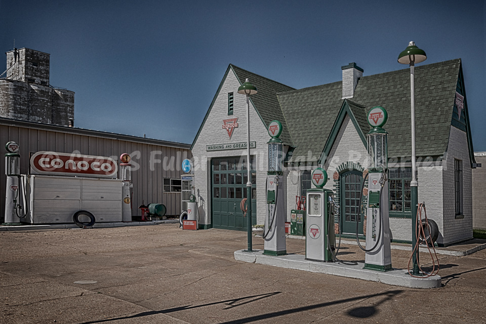 Restored 1930s Vintage Conoco Gas Station - Gravity Feed Gas Pumps - Norton Kansas