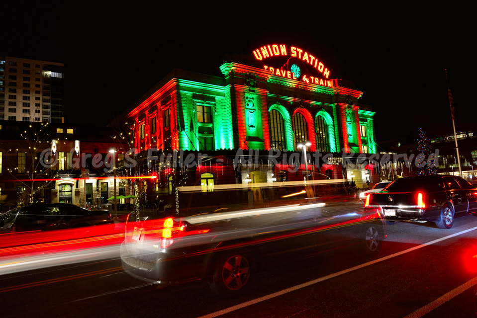 Union Station in Christmas Colored Lights - Travel by Train - Denver Colorado