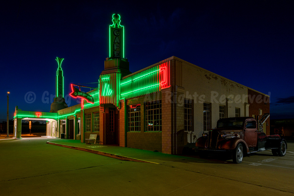 Vintage Chevrolet Tow Truck - Conoco Tower Building and U-Drop Inn in Neon Green - Gas Station & Cafe - Shamrock Texas