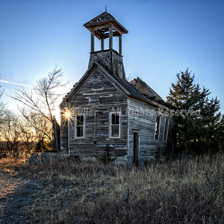 Sunburst through Battered & Beaten Sunny Sloper Schoolhouse - Jackson County, Kansas