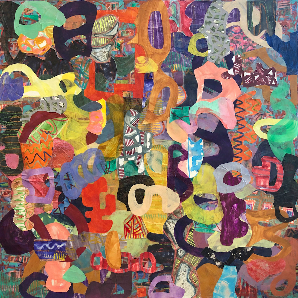 Sueña con un carnaval de momentos y olvido, Acrylic and collage on canvas, 48 x 48 in, 2019