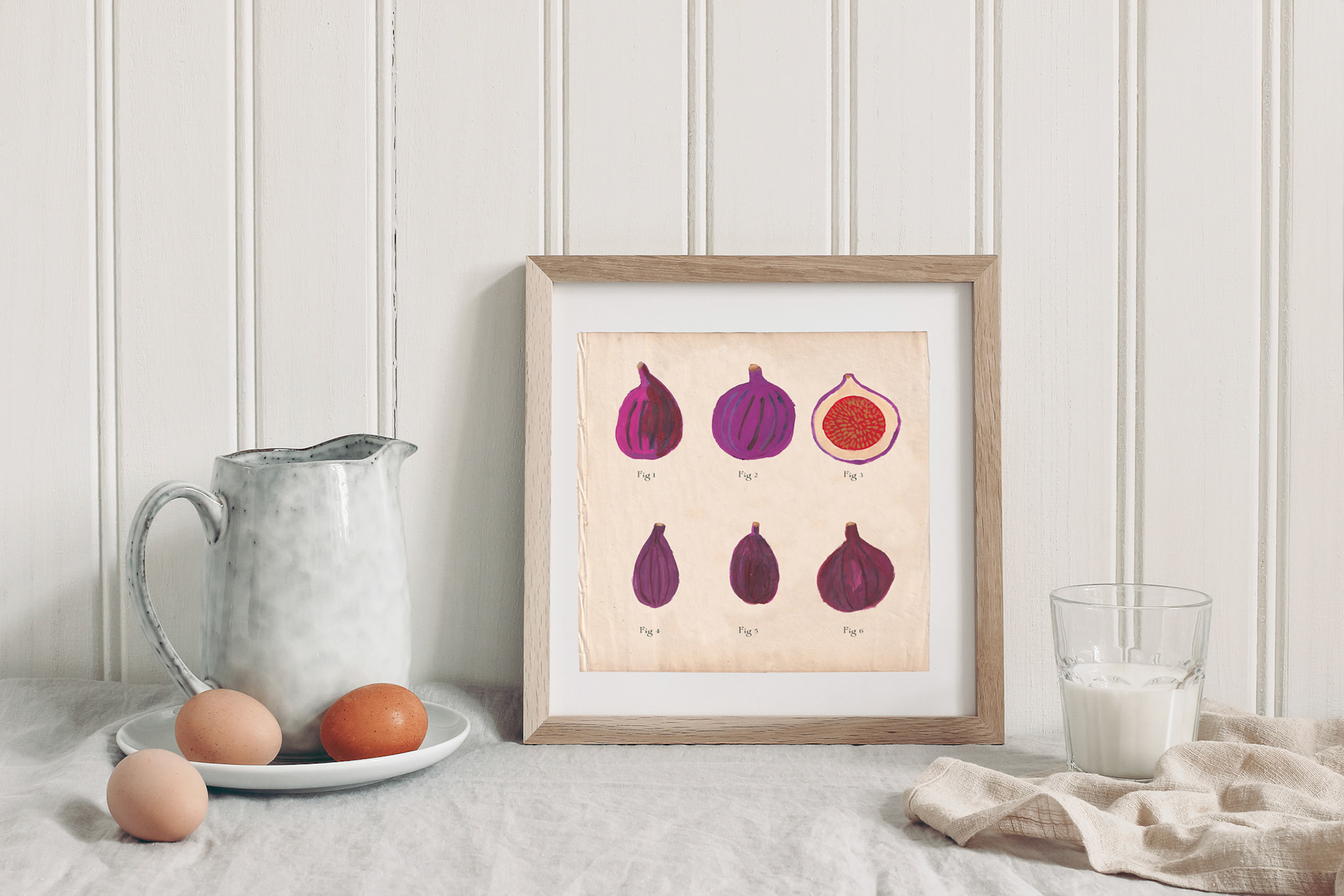 Spring breakfast still life scene. Square empty wooden frame mockup with chicken eggs,, glass of milk and ceramic jug. Easter food and drink concept. Farmhouse, Scandinavian design.