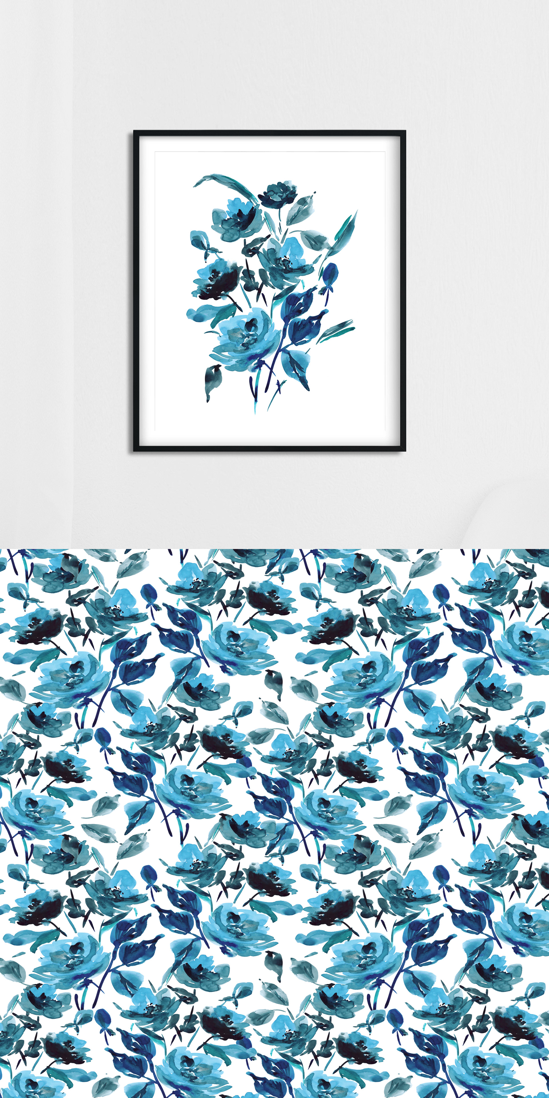 Blue Ink Florals and Repeat Pattern