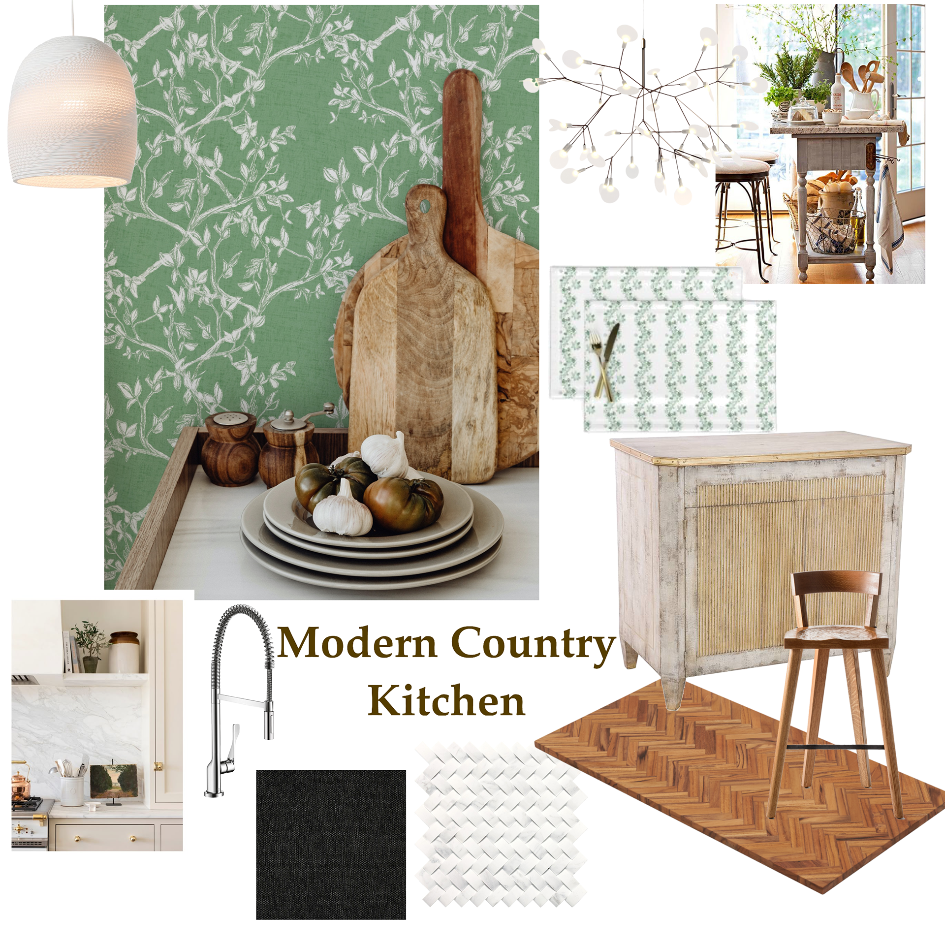A moodboard featuring botanical peel and stick wallpaper in a modern country kitchen, showcasing wood accents, decorative kitchenware, and a fresh color palette.