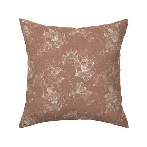 Line Floral Poppies in Mocha Mousse Pillow