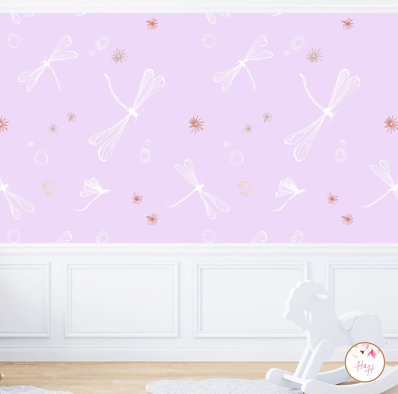 Dragonflies on Light Lavender - wallpaper shown, available for fabric and accessories.