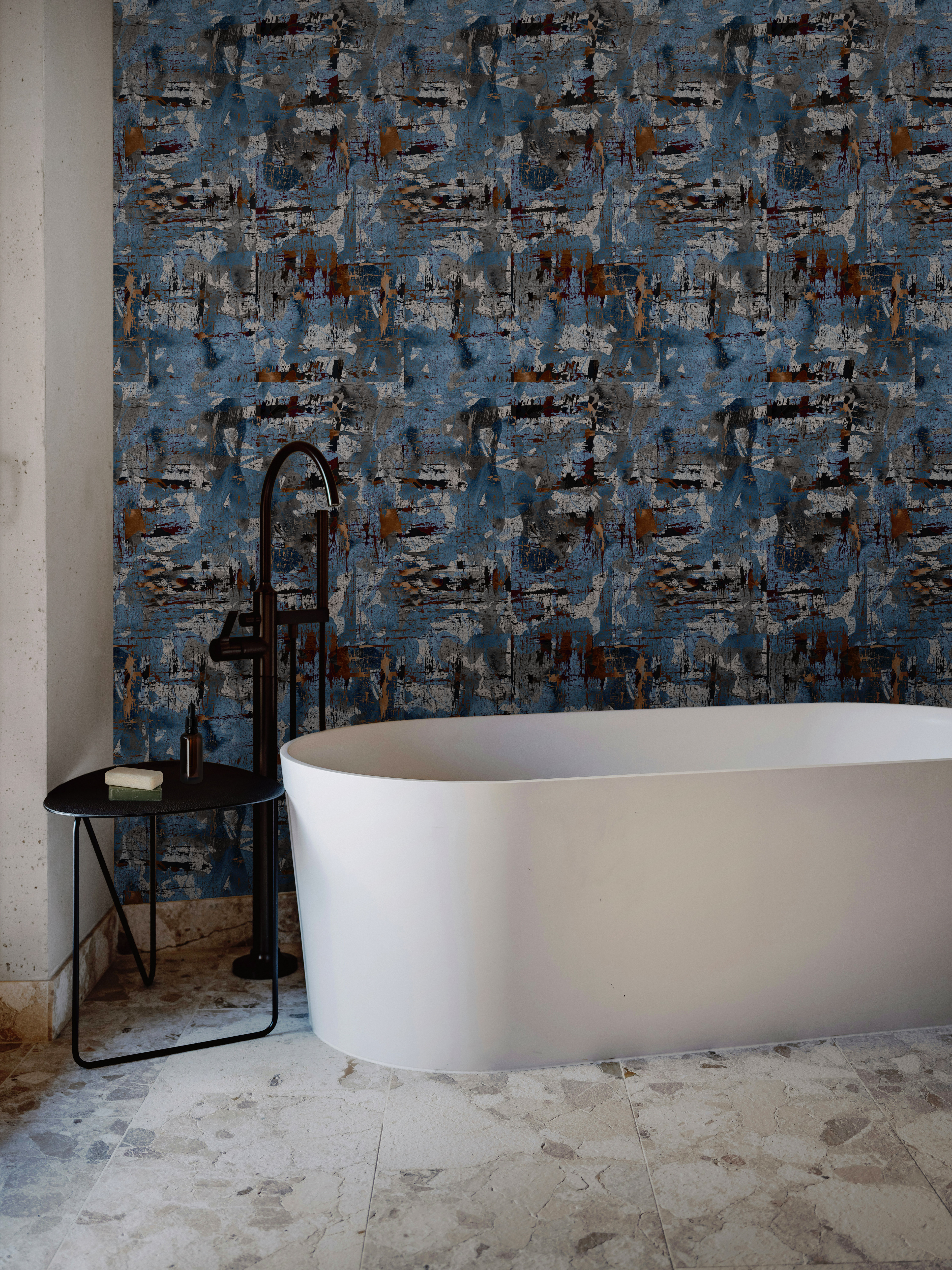 Abstract Painterly Wallpaper in Dark Blue