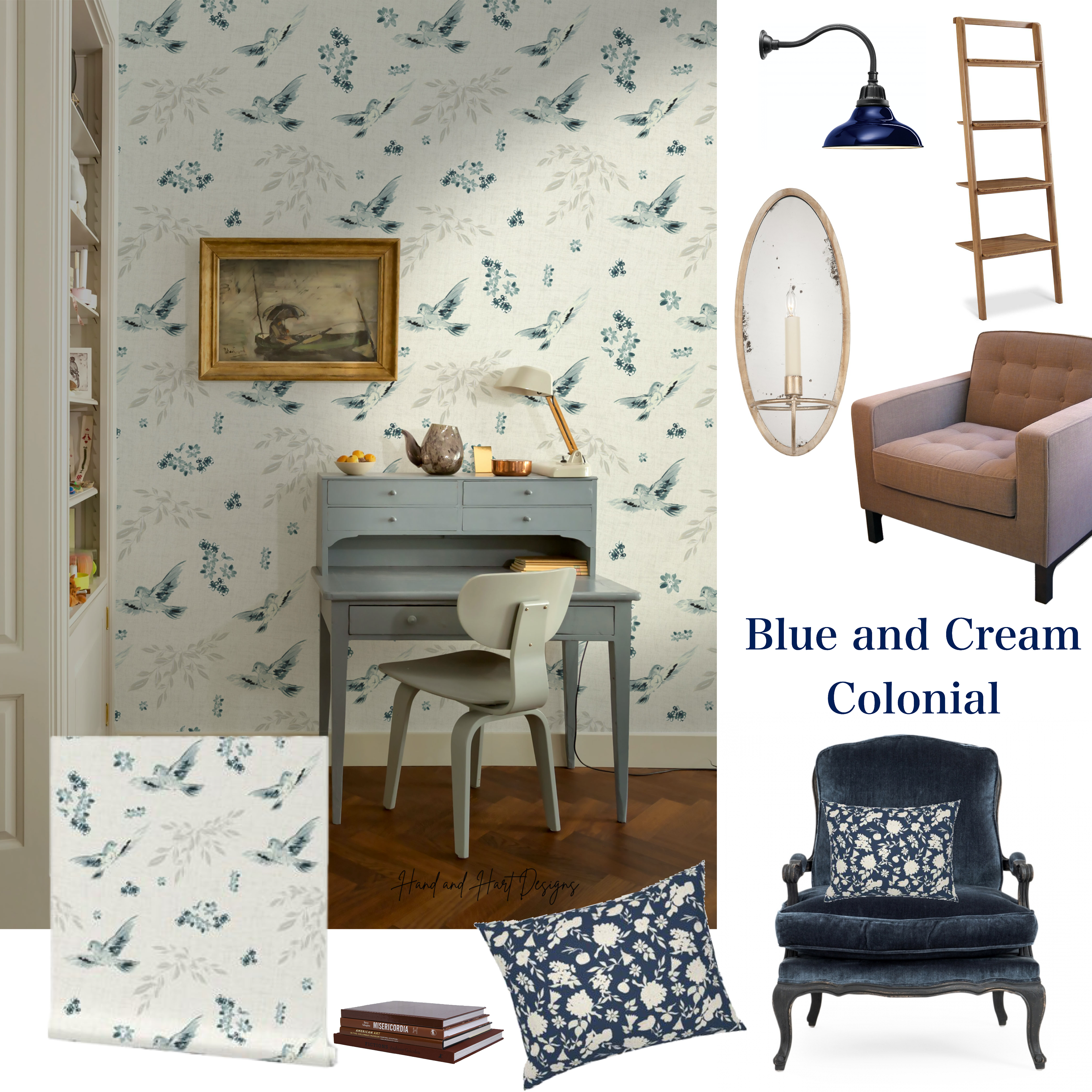 Blue and cream colonial wallpaper with floral and bird motifs, styled in a study with colonial furniture and decor accents.
