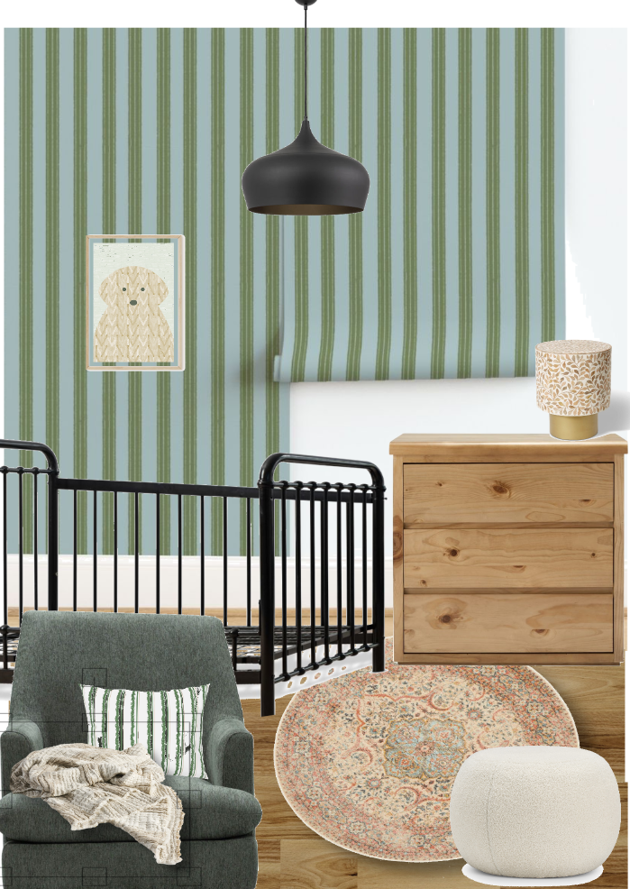 Green and blue striped wallpaper in a boys' nursery, featuring cozy furniture and playful decor elements. Caption: This moodboard showcases a cozy boys' room with green and blue striped wallpaper, perfect for nurturing creativity and comfort.