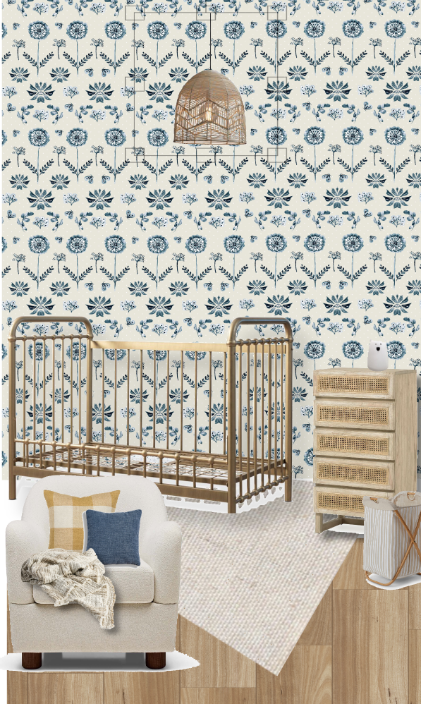A serene nursery featuring blue and cream floral wallpaper, a wooden crib, cozy armchair, and natural textures, creating a calming atmosphere for a gender-neutral space.