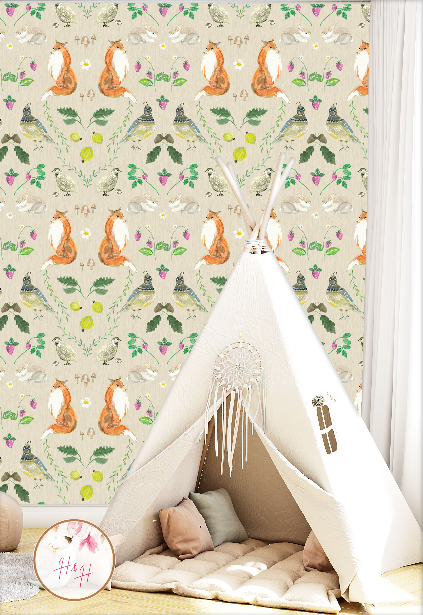 woodland animals wallpaper, nursery decor, forest theme nursery, eco-friendly wallpaper, kids room ideas