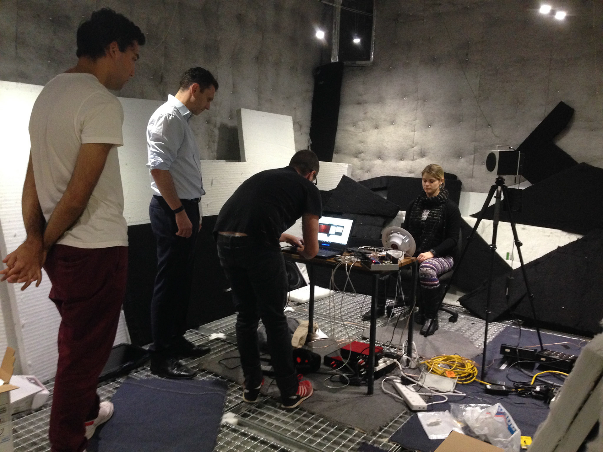 Testing before the installation. Andrew, Meisha, Blake and Mark