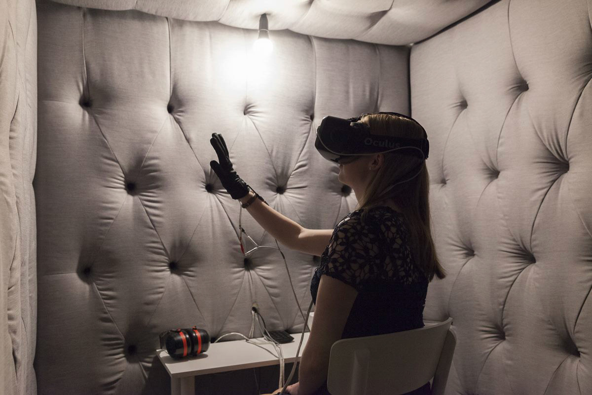 Inside view of custom-built anechoic chamber. Model Dr Hayley Thair. credit: Silversalt photography.