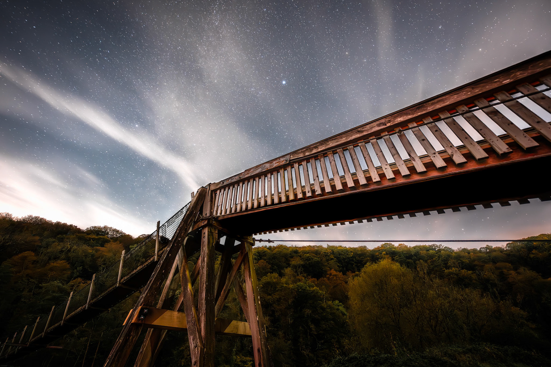 Bilbins Rope Bridge by night, in the Forest of Dean. October 2024.