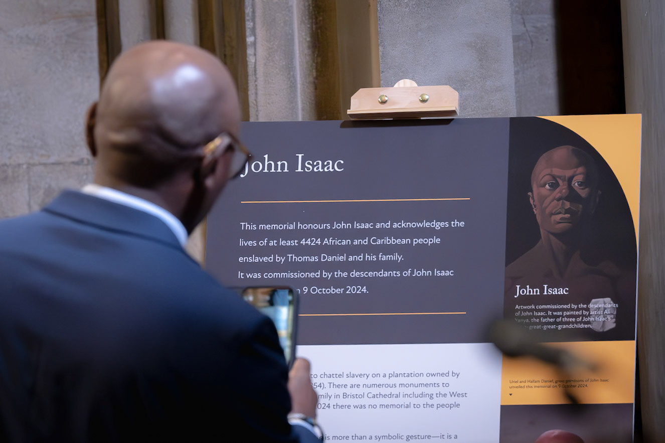 An event to mark the unveiling of a monument to John Isaac at Bristol Cathedral. October 2024.