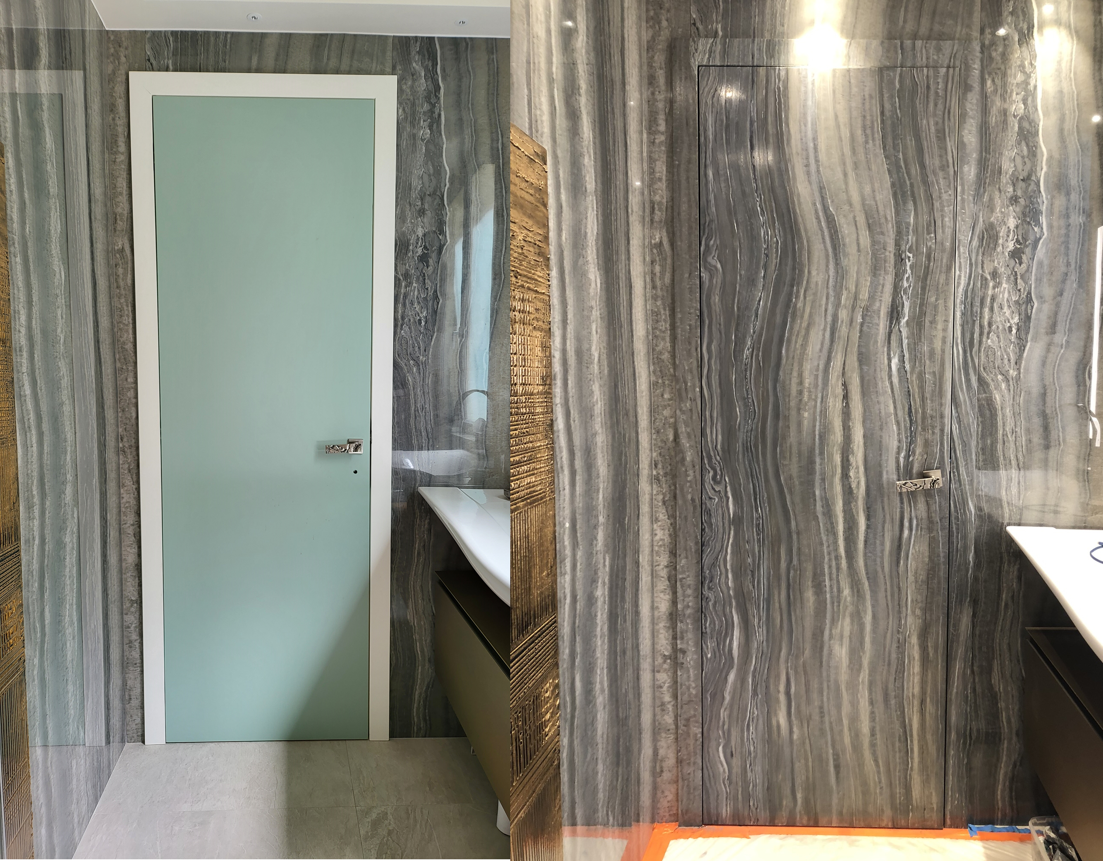 Peinture d'un faux marbre (Onyx) sur porte en bois