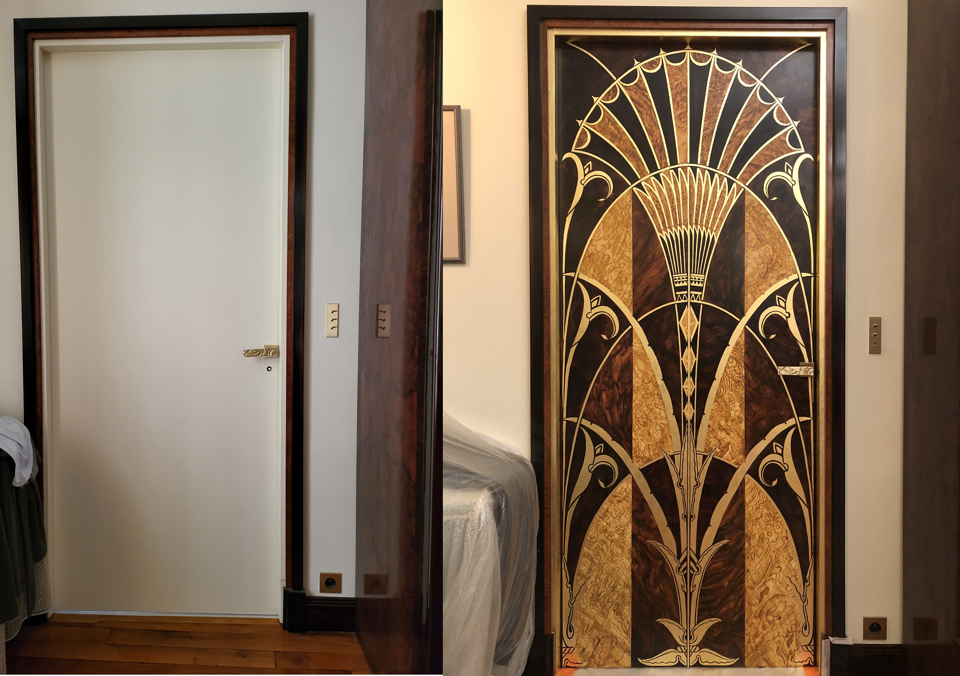 Avant/ Après : Peinture d'une imitation de bois exotiques et dorure à la feuille