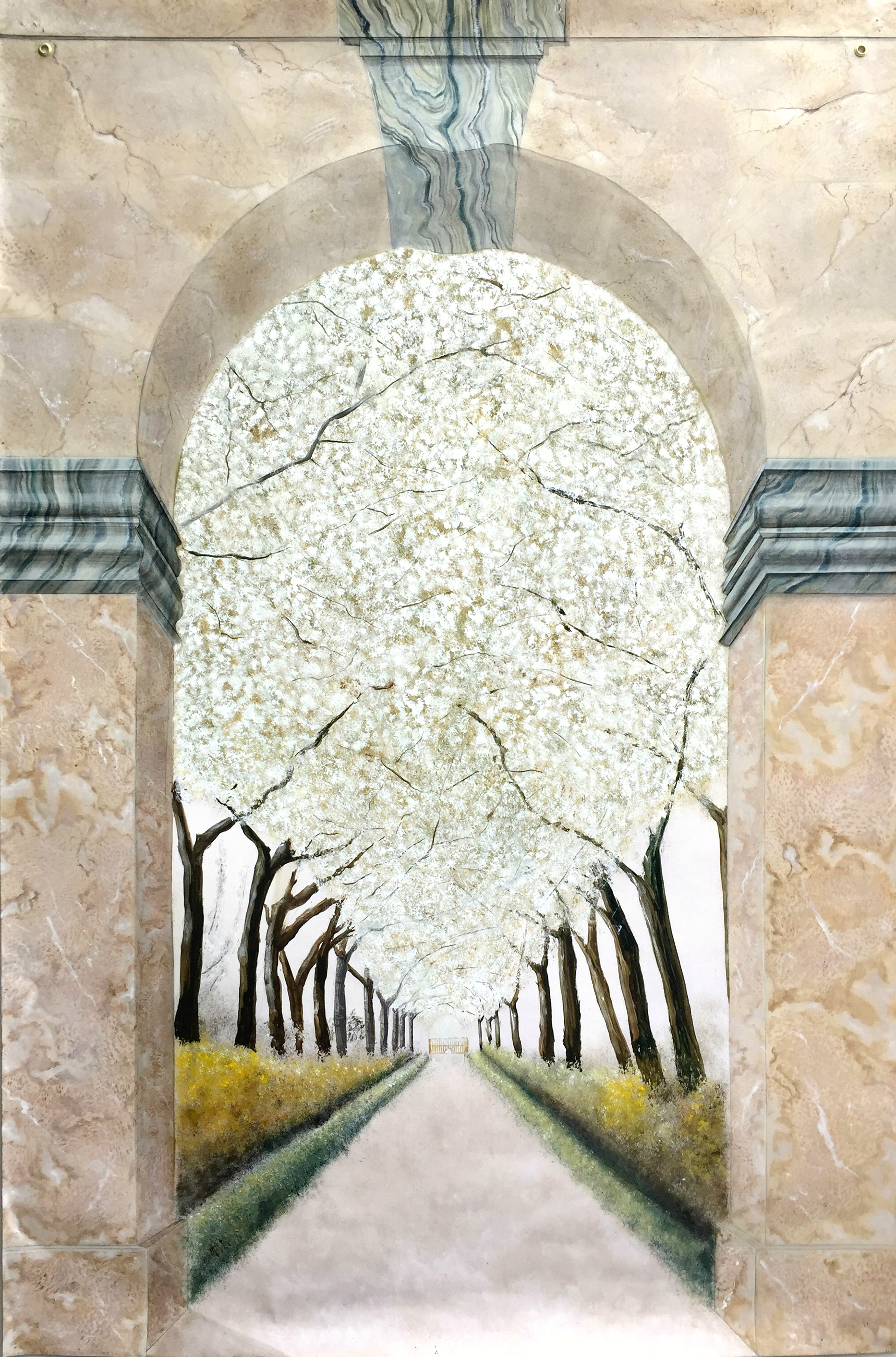 Décor - imitation de trois types de marbres, trompe l'oeil de relief et décor en perspective