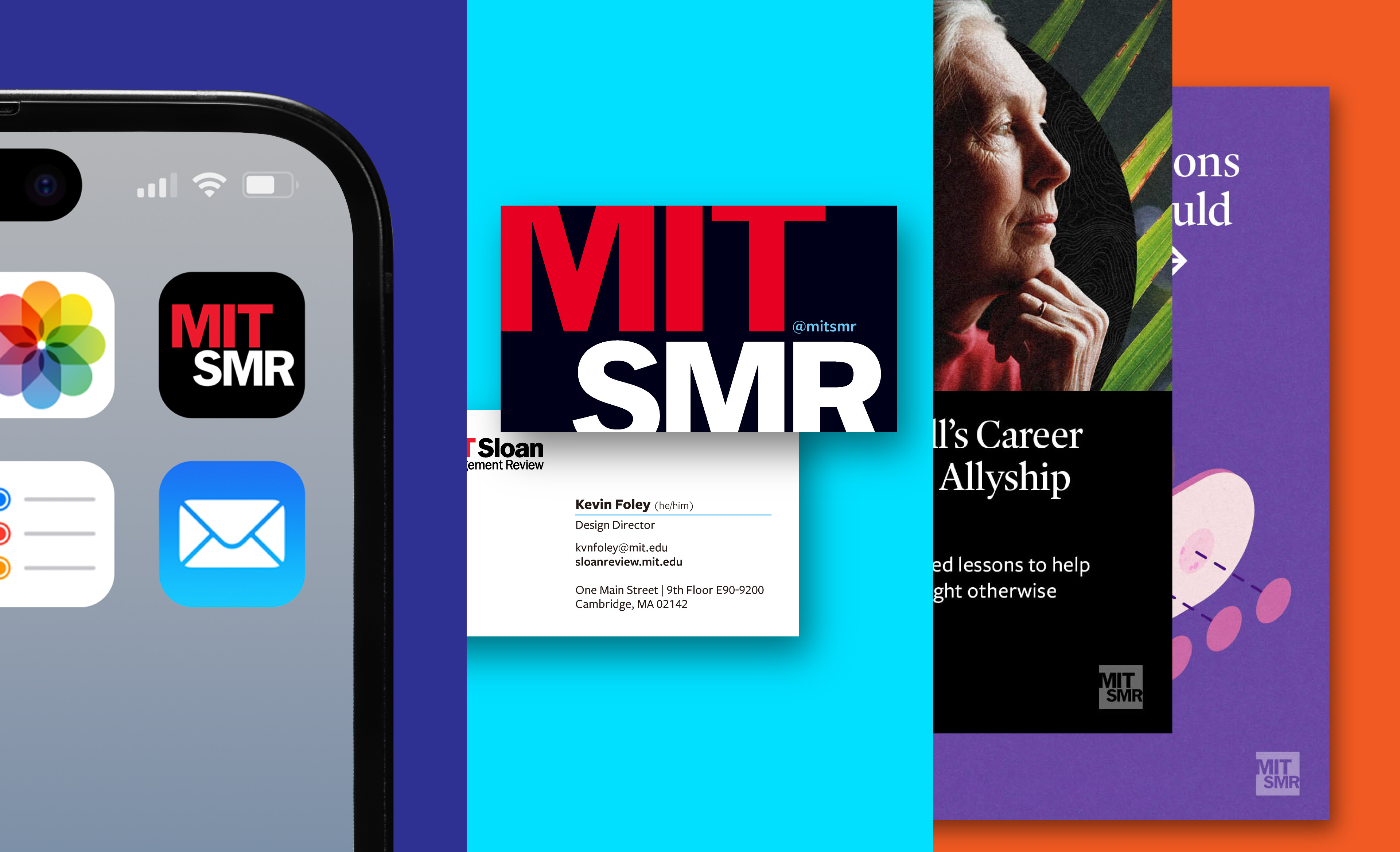 The MIT SMR monogram applied across an app icon, social media header, business card, and Instagram Story graphics for MIT Sloan Management Review.
