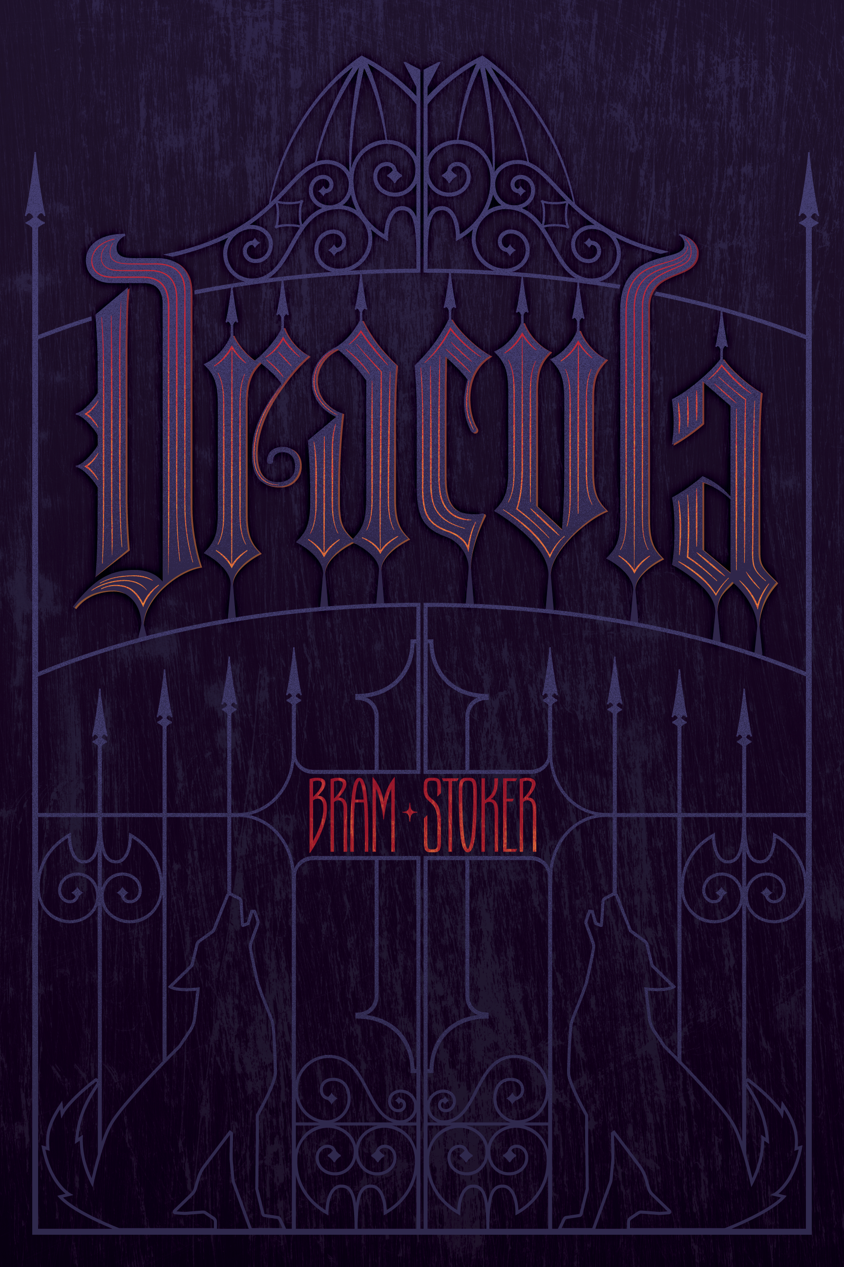 Dracula front cover with tall blackletter lettering, red-orange inlines, and ornate purple ironwork incorporating a bat above the title and howling wolves below.