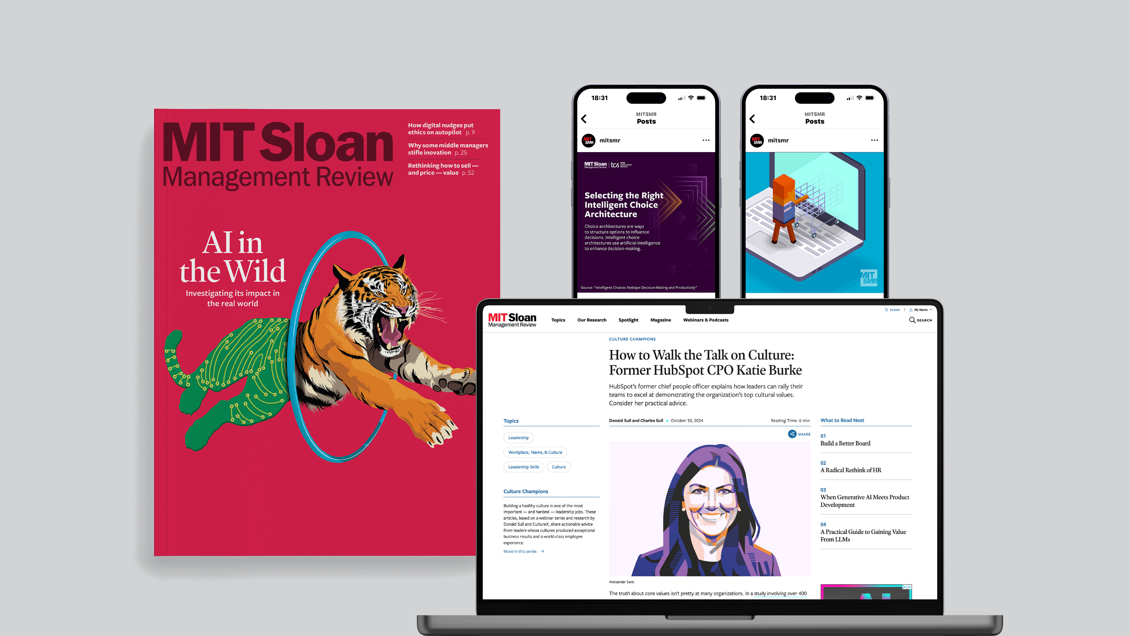 The MIT Sloan Management Review logo and monogram applied across a magazine cover, Instagram posts, and the website.