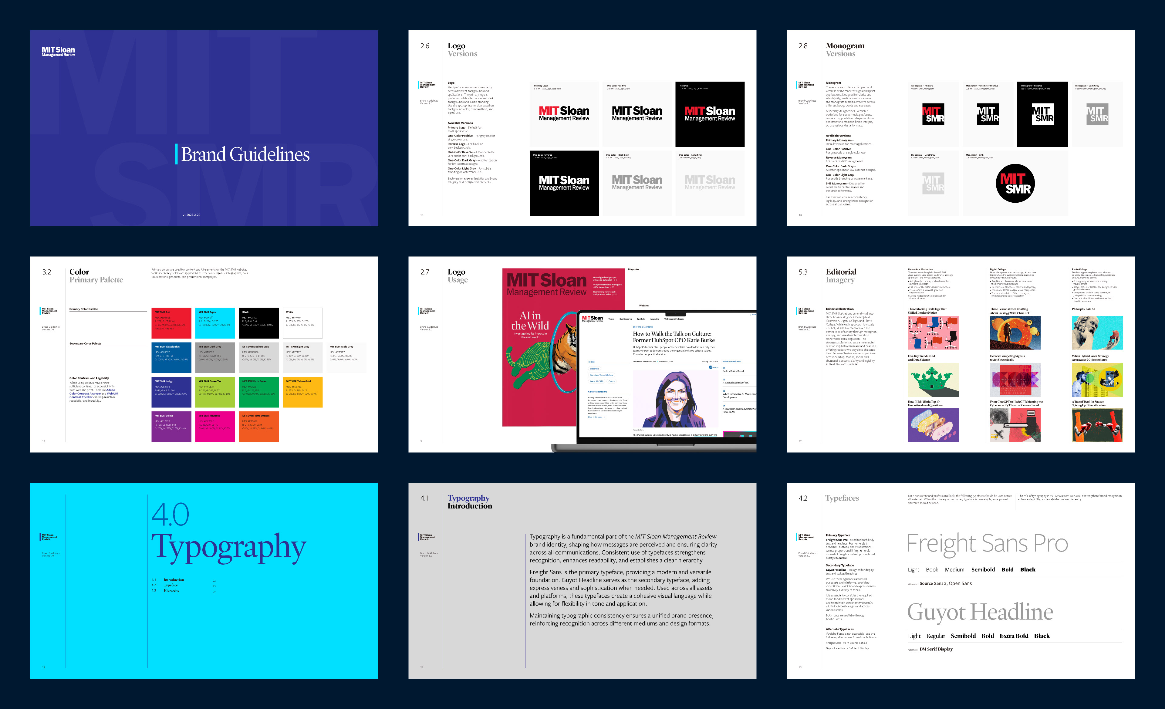 A grid of nine spreads from the MIT Sloan Management Review brand guidelines, covering logo and monogram versions, color palette, logo usage across print and digital, editorial illustration styles, and typography.