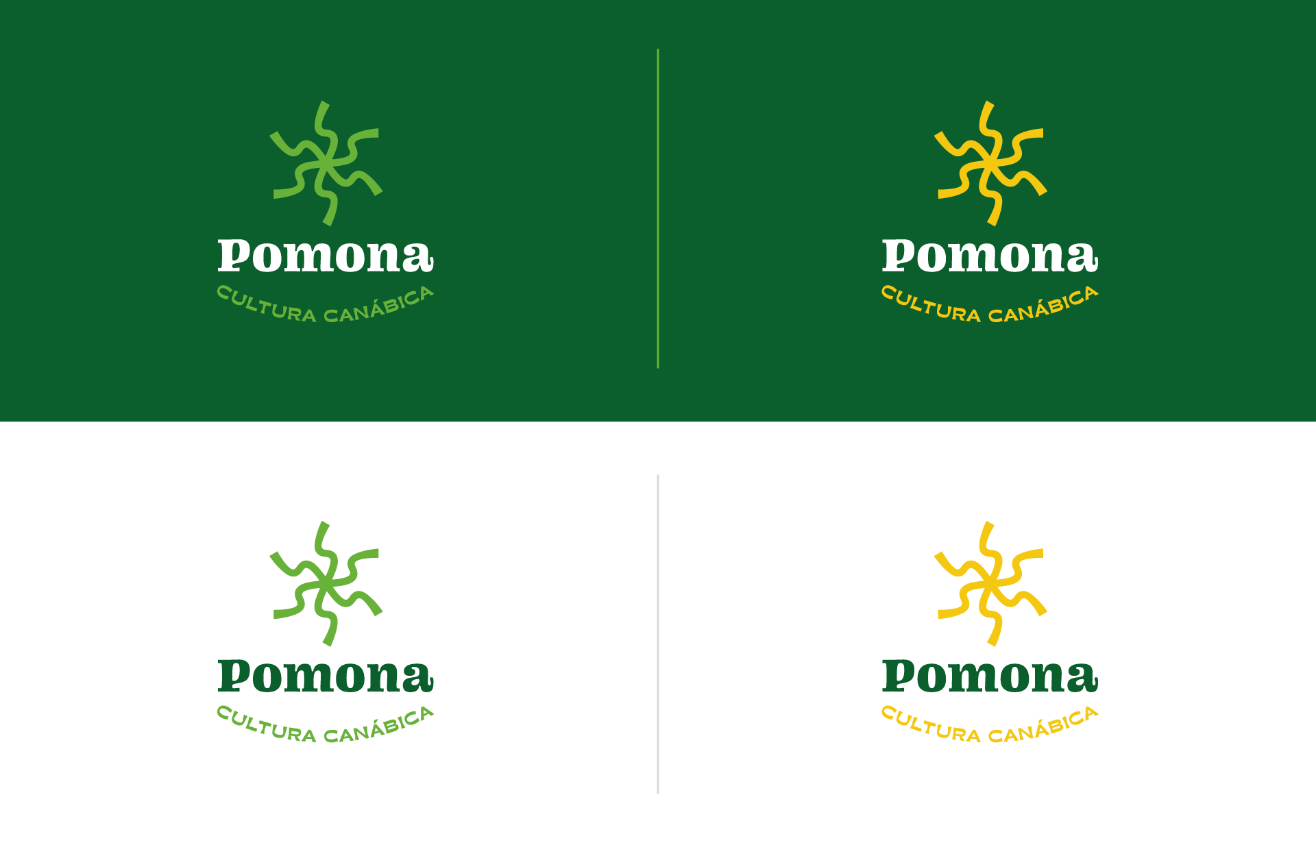 variações principais da marca pomona sobre fundos verde e branco