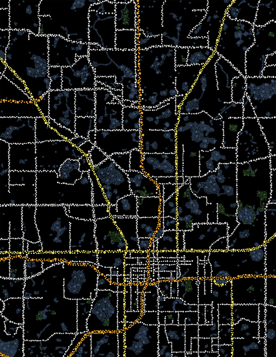 Extra Credit: Making this map was not necessary but I wanted to see a version in which it was made of bubbles and drops. Again, each individual dot was painstakingly traced over. The size of the dot was varied every several hundred dots or so.
