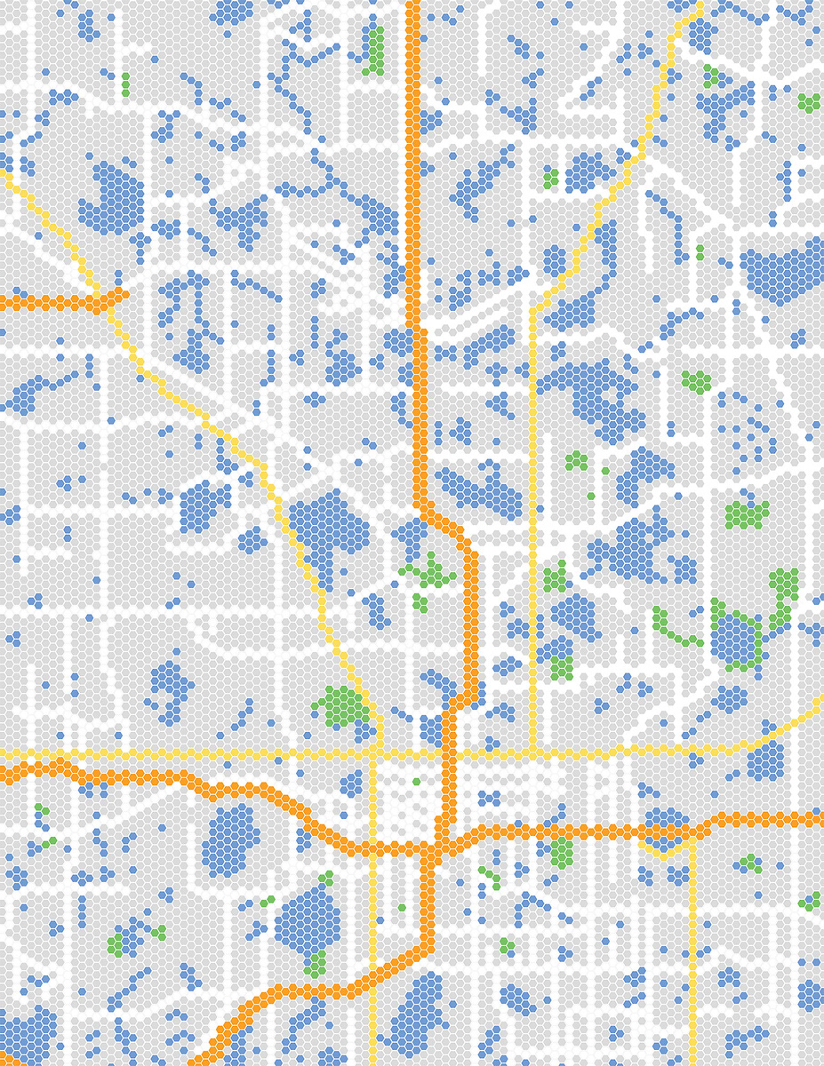 Hexagonal: Another idea I had was to reference our school's use of hexagons in the map. I manually went through each and every hexagon and filled them with the color most prominently represented in each tile.
