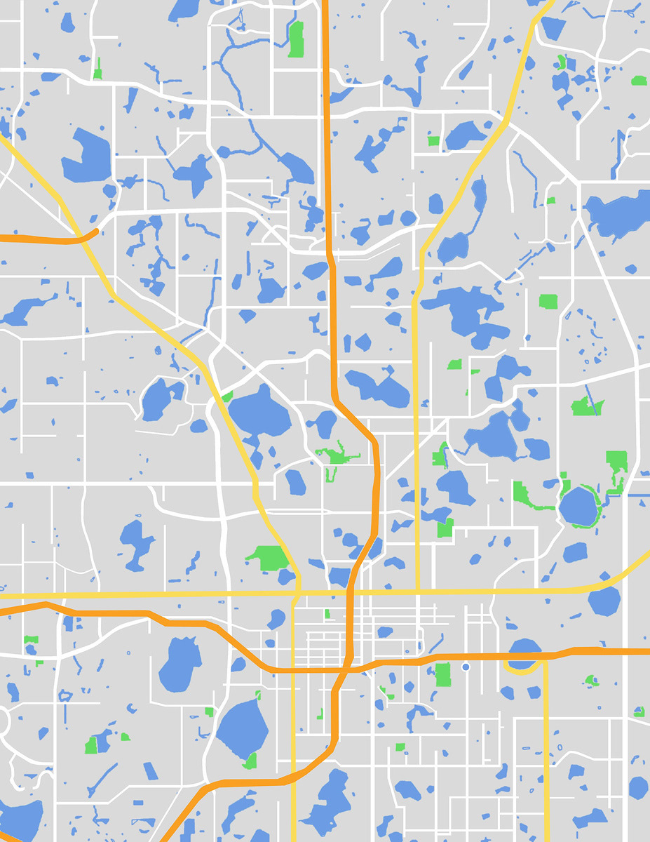 First Try: The initial design of the map contained only major highways, lakes, and park areas in the northern Orlando region.