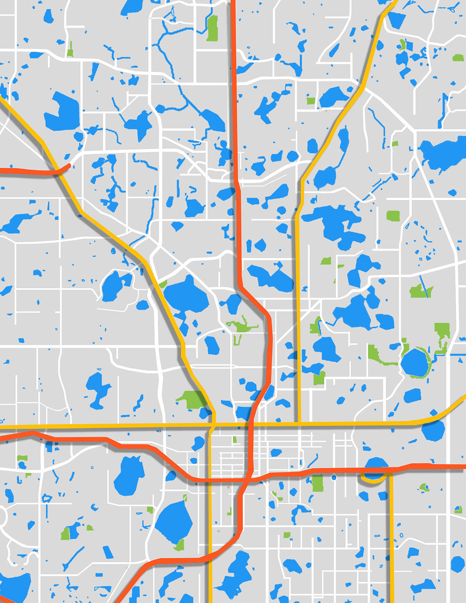 Bolder: Highways and major roads were given a drop shadow to emphasize and separate each type of road.
