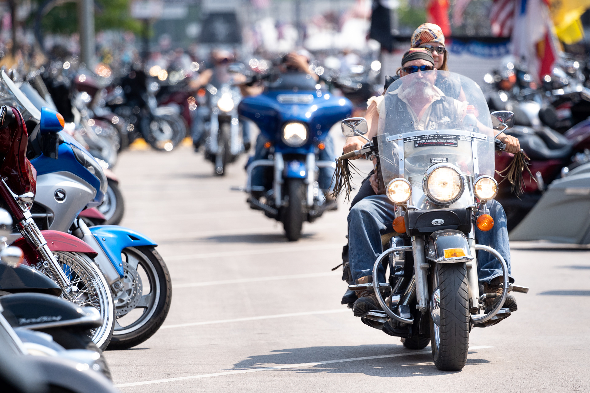 Riders make their way down Main Street during the third day of the 81st Sturgis Motorcycle Rally in Sturgis, South Dakota. 08.08.21.