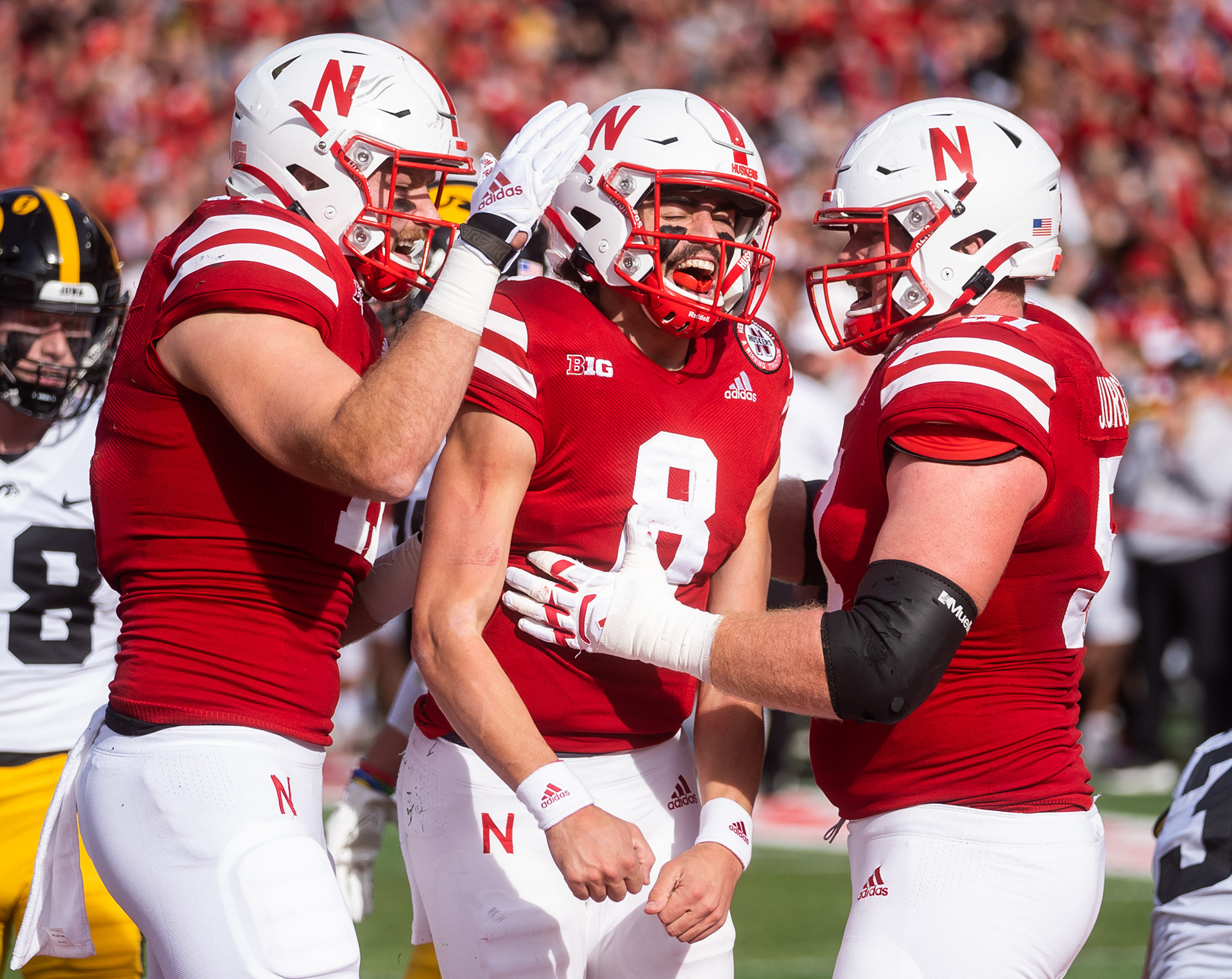  Nebraska Cornhuskers quarterback Logan Smothers (8) celebrates after scoring against the Iowa Hawkeyes during the first quarter at Memorial Stadium. November 26, 2022.