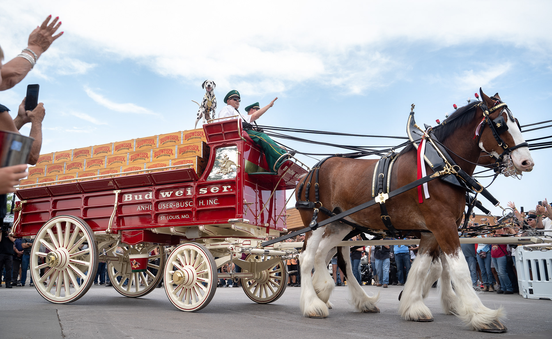 The Budweiser wagon and world famous Clydesdales turn off of Main Street during the opening day of the 81st Sturgis Motorcycle Rally in Sturgis, South Dakota. 08.06.21.