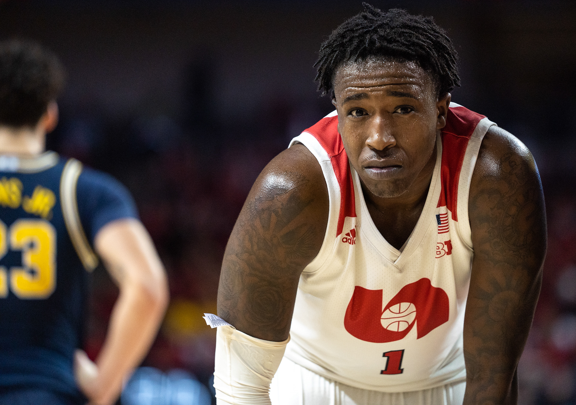 Nebraska’s Kevin Cross (1) looks off the court following a foul in the match against Michigan at Pinnacle Bank Arena in Lincoln, Nebraska. 01.28.20.