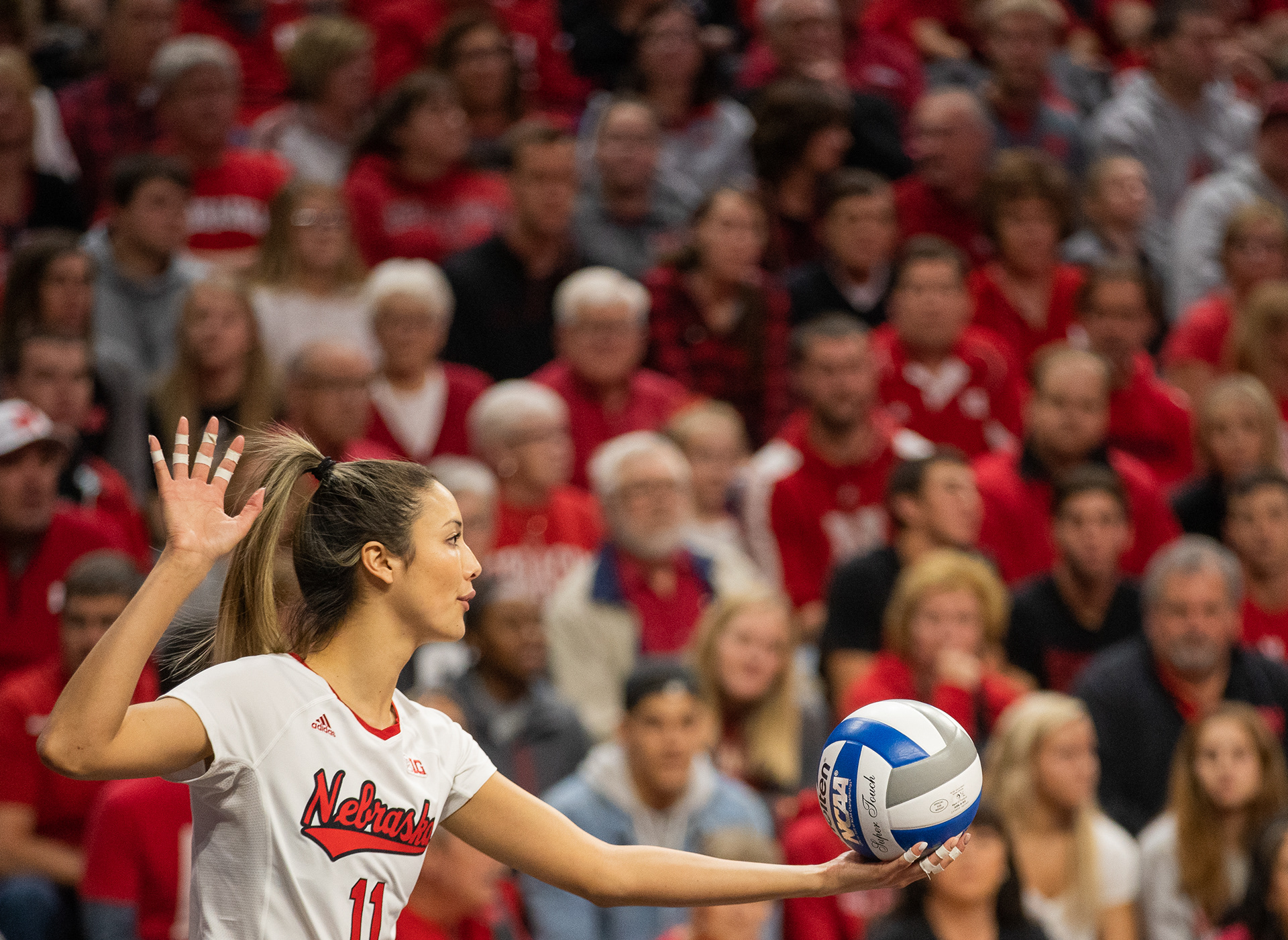 Nebraska's Lexi Sun (11) prepares to serve the ball as fans watch during the game against Mizzou at the Bob Devaney Center in Lincoln, Nebraska. 12.07.19. 