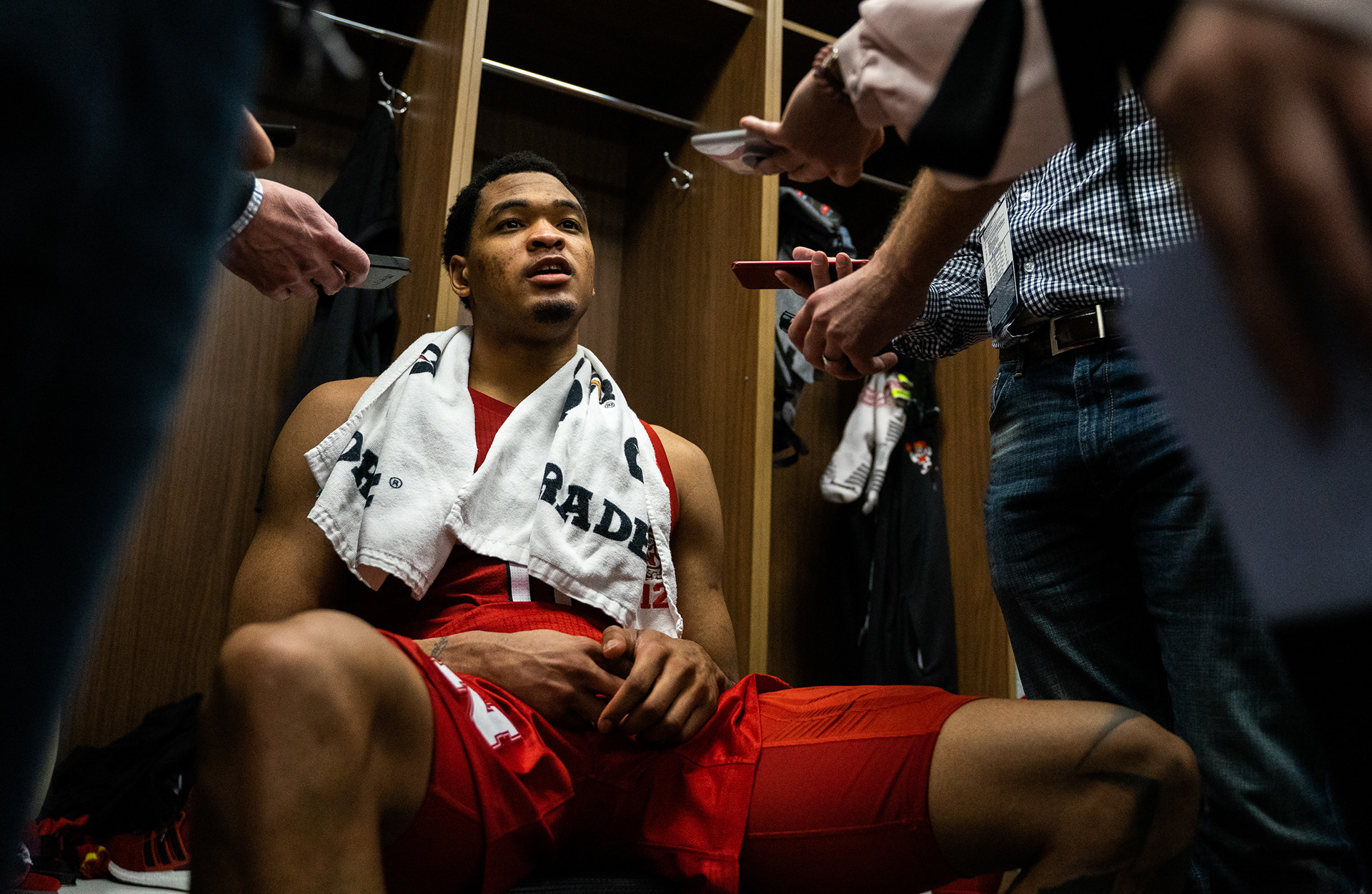 Nebraska's James Palmer Jr. (0) answers questions from media in the Nebraska locker room following a 69-61 victory over Maryland at the United Center in Chicago, Illinois. 03.14.19.